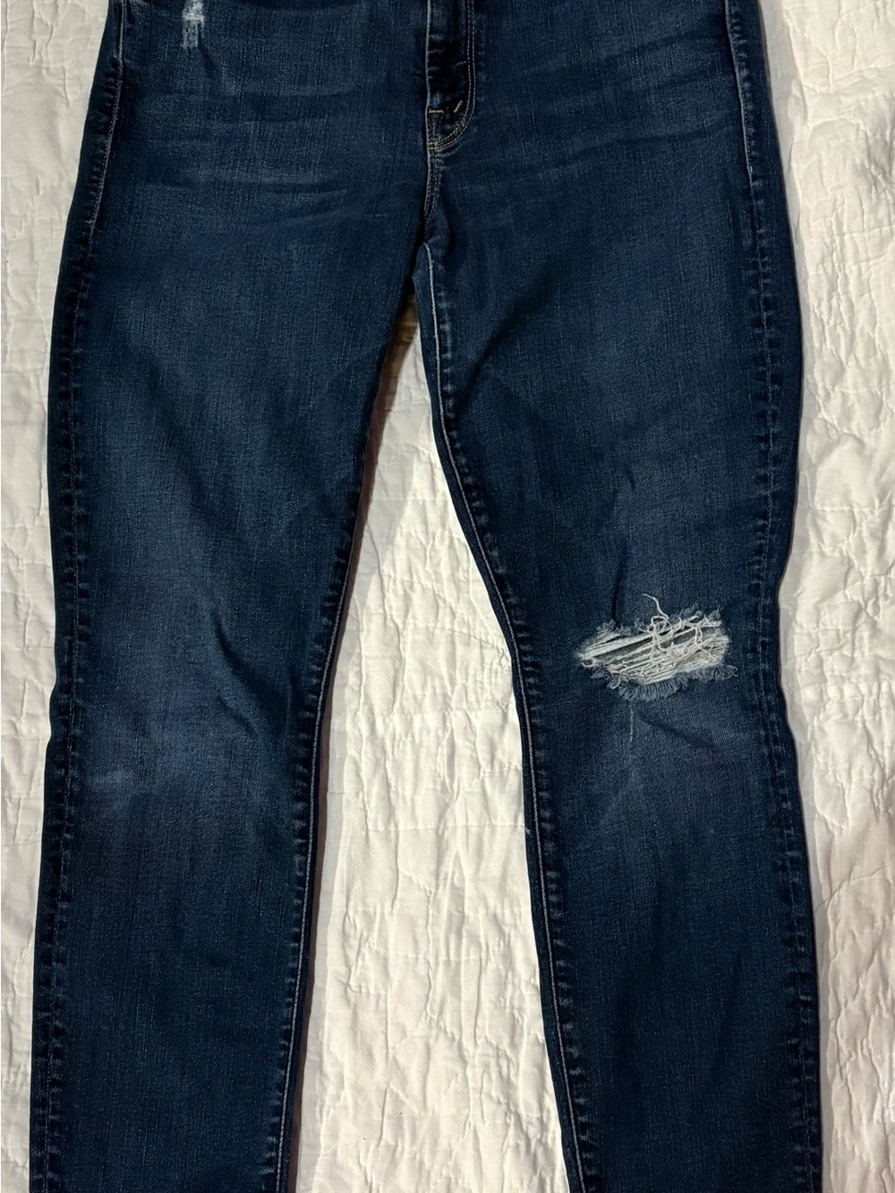 MOTHER Dark Blue Straight Leg Jeans with Knees distressed